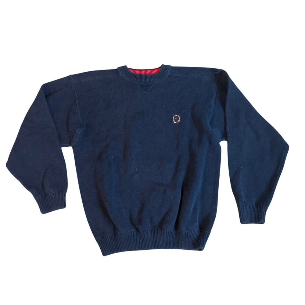 Tommy Hilfiger Mens Blue Sweatshirt Knit Sweater Crest Logo Crewneck Large EUC